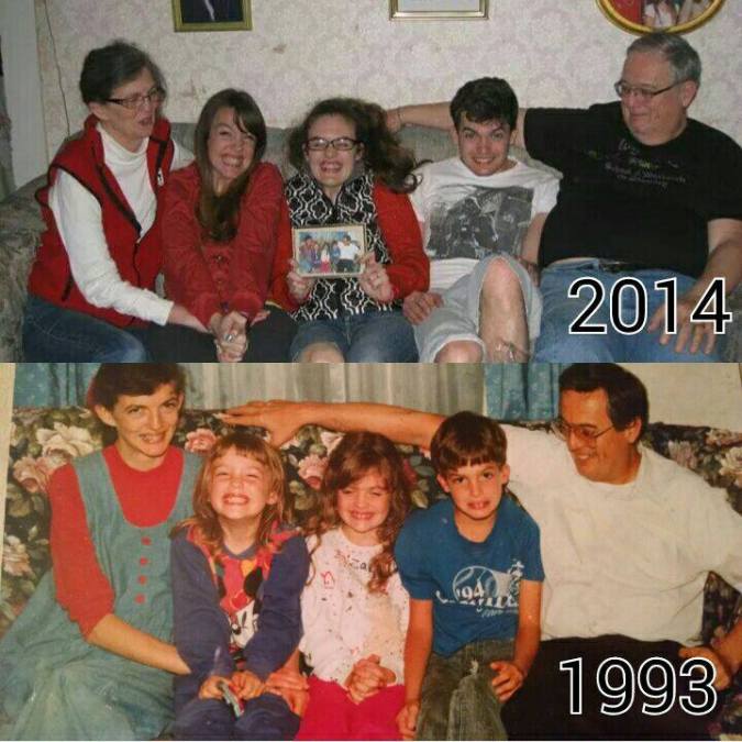 Smith Family Photo Then and Now. We are only together twice a year if we are lucky because we are scattered all over the country, so my Dad thought it would be cool to take this photo!